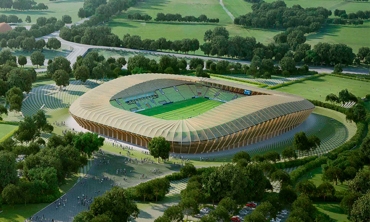 Sustainable stadium surrounded by trees